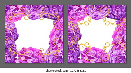 Vector set of greeting cards with roses and golden shapes. Romantic tender floral design for wedding invitation, save the date and thank you cards. Valentine's day.With place for text