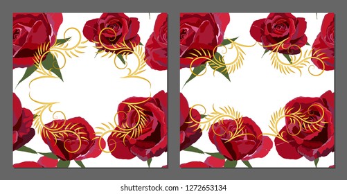 Vector set of greeting cards with roses and golden shapes. Romantic tender floral design for wedding invitation, save the date and thank you cards. Valentine's day.With place for text