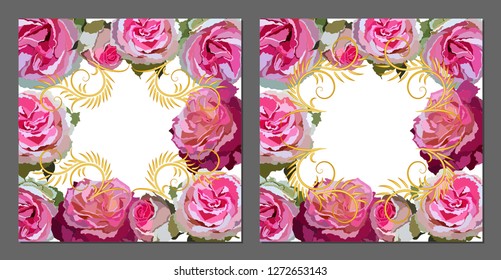 Vector set of greeting cards with roses and golden shapes. Romantic tender floral design for wedding invitation, save the date and thank you cards. Valentine's day.With place for text