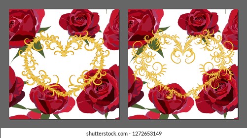 Vector set of greeting cards with roses and golden shapes. Romantic tender floral design for wedding invitation, save the date and thank you cards. Valentine's day.With place for text