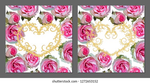 Vector set of greeting cards with roses and golden shapes. Romantic tender floral design for wedding invitation, save the date and thank you cards. Valentine's day.With place for text