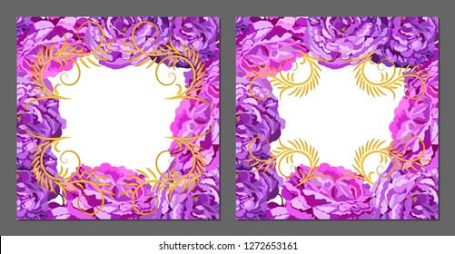 Vector set of greeting cards with roses and golden shapes. Romantic tender floral design for wedding invitation, save the date and thank you cards. Valentine's day.With place for text