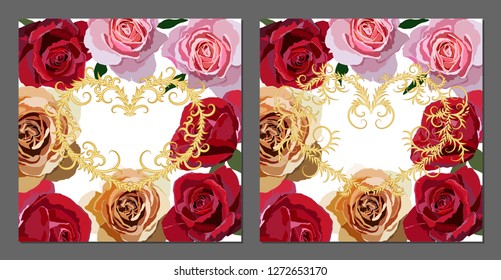 Vector set of greeting cards with roses and golden shapes. Romantic tender floral design for wedding invitation, save the date and thank you cards. Valentine's day.With place for text