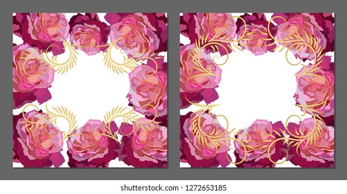 Vector set of greeting cards with roses and golden shapes. Romantic tender floral design for wedding invitation, save the date and thank you cards. Valentine's day.With place for text
