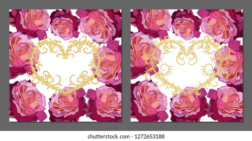 Vector set of greeting cards with roses and golden shapes. Romantic tender floral design for wedding invitation, save the date and thank you cards. Valentine's day.With place for text