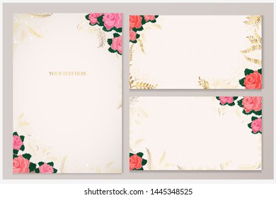 Vector set of greeting cards with roses and golden leaves on a light background.
