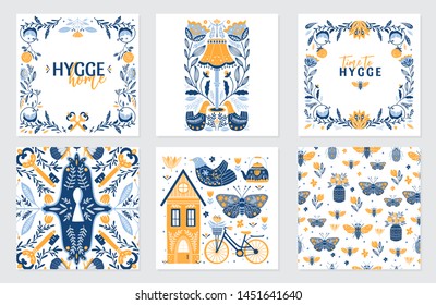 Vector set of greeting cards in Scandinavian, Nordic and Folk art style with hygge elements and quotes