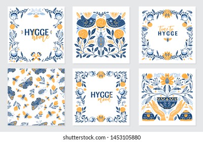 Vector set of greeting cards in Scandinavian, Nordic and Folk art style with hygge elements and quotes