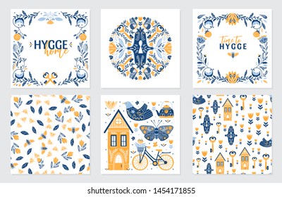 Vector set of greeting cards in Scandinavian, Nordic and Folk art style with hygge elements and quotes