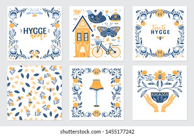 Vector set of greeting cards in Scandinavian, Nordic and Folk art style with hygge elements and quotes