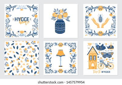 Vector set of greeting cards in Scandinavian, Nordic and Folk art style with hygge elements and quotes