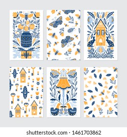 Vector set of greeting cards in Scandinavian, Nordic and Folk art style with hygge elements 