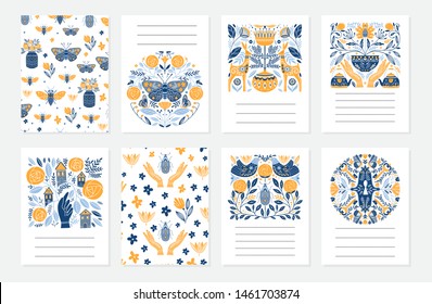 Vector set of greeting cards in Scandinavian, Nordic and Folk art style with hygge elements and place for text