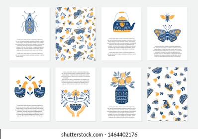 Vector set of greeting cards in Scandinavian, Nordic and Folk art style with hygge elements and text