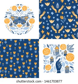 Vector set of greeting cards and seamless patterns in Scandinavian, Nordic and Folk art style with hygge elements