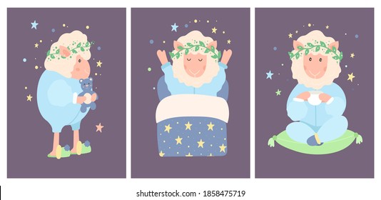 Vector Set of Greeting Cards with a Sleeping Cute Sheep in Pajamas. Kid's Funny Character in a Flat style. Hand Drawn Collection with Lovely Animal in Clothes.Good Night. Isolated on blue background.