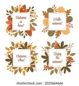 Conjunto de vectores de plantillas de tarjetas de felicitación con hojas de otoño. Colección de marcos cuadrados con temática de otoño con elementos de diseño con hojas y bayas