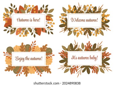 Vector set of greeting cards templates with autumn leaves. Collection of fall themed rectangle frames with design elements featuring leaves and berries