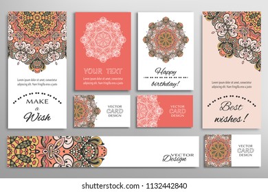 Vector set of greeting Cards or wedding Invitations. Postcards template with inscription Make a Wish, Best Wishes, Happy Birthday. Banner and business cards with mandala ornament