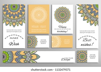 Vector set of greeting Cards or wedding Invitations. Postcards template with inscription Make a Wish, Best Wishes, Happy Birthday. Banner and business cards with mandala ornament