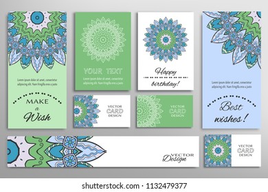 Vector set of greeting Cards or wedding Invitations. Postcards template with inscription Make a Wish, Best Wishes, Happy Birthday. Banner and business cards with mandala ornament