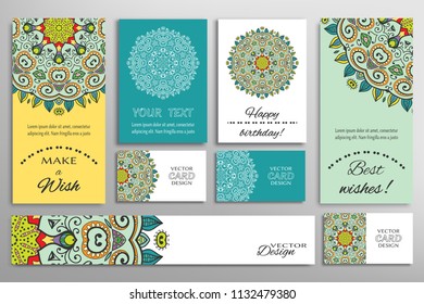 Vector set of greeting Cards or wedding Invitations. Postcards template with inscription Make a Wish, Best Wishes, Happy Birthday. Banner and business cards with mandala ornament