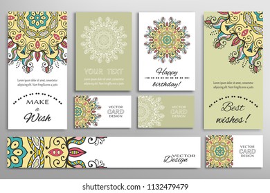 Vector set of greeting Cards or wedding Invitations. Postcards template with inscription Make a Wish, Best Wishes, Happy Birthday. Banner and business cards with mandala ornament