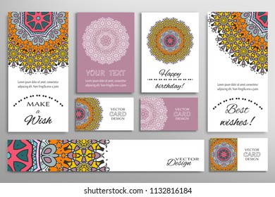 Vector set of greeting Cards or wedding Invitations. Postcards template with inscription Make a Wish, Best Wishes, Happy Birthday. Banner and business cards with mandala ornament