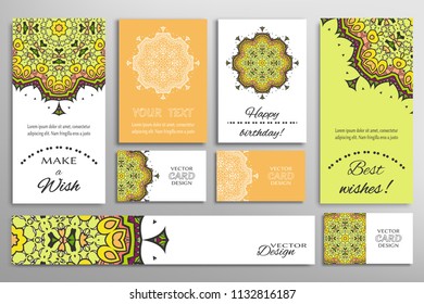 Vector set of greeting Cards or wedding Invitations. Postcards template with inscription Make a Wish, Best Wishes, Happy Birthday. Banner and business cards with mandala ornament