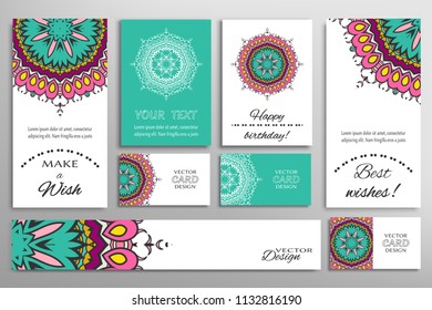 Vector set of greeting Cards or wedding Invitations. Postcards template with inscription Make a Wish, Best Wishes, Happy Birthday. Banner and business cards with mandala ornament