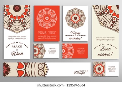 Vector set of greeting Cards or wedding Invitations. Postcards template with inscription Make a Wish, Best Wishes, Happy Birthday. Banner and business cards with mandala ornament