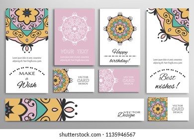 Vector set of greeting Cards or wedding Invitations. Postcards template with inscription Make a Wish, Best Wishes, Happy Birthday. Banner and business cards with mandala ornament