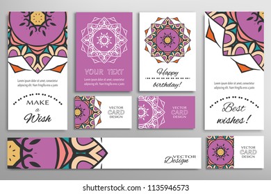 Vector conjunto de tarjetas de felicitación o invitaciones de boda. Plantilla de postales con inscripción Hacer un deseo, mejores deseos, feliz cumpleaños. Anuncio y tarjetas de visita con adorno de mandala