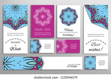 Vector set of greeting Cards or wedding Invitations. Postcards template with inscription Make a Wish, Best Wishes, Happy Birthday. Banner and business cards with mandala ornament