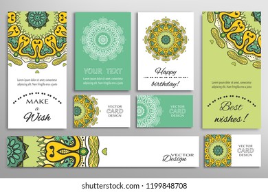 Vector set of greeting Cards or wedding Invitations. Postcards template with inscription Make a Wish, Best Wishes, Happy Birthday. Banner and business cards with mandala ornament