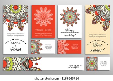 Vector set of greeting Cards or wedding Invitations. Postcards template with inscription Make a Wish, Best Wishes, Happy Birthday. Banner and business cards with mandala ornament
