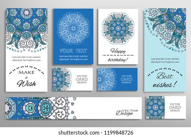 Vector set of greeting Cards or wedding Invitations. Postcards template with inscription Make a Wish, Best Wishes, Happy Birthday. Banner and business cards with mandala ornament