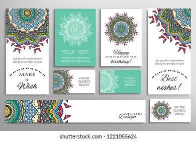 Vector set of greeting Cards or wedding Invitations. Postcards template with inscription Make a Wish, Best Wishes, Happy Birthday. Banner and business cards with mandala ornament