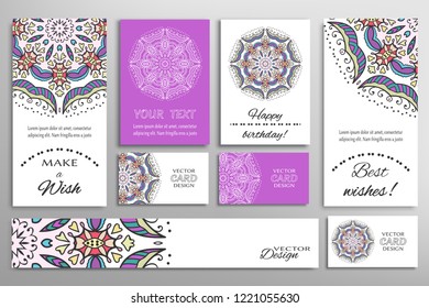 Vector set of greeting Cards or wedding Invitations. Postcards template with inscription Make a Wish, Best Wishes, Happy Birthday. Banner and business cards with mandala ornament