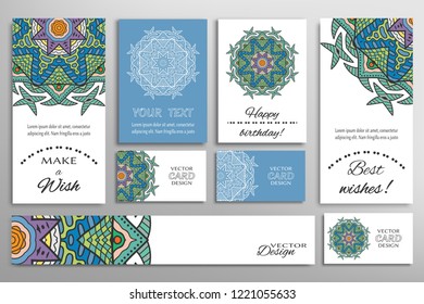 Vector set of greeting Cards or wedding Invitations. Postcards template with inscription Make a Wish, Best Wishes, Happy Birthday. Banner and business cards with mandala ornament