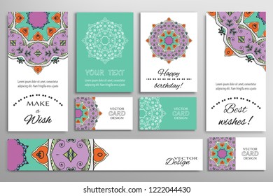 Vector set of greeting Cards or wedding Invitations. Postcards template with inscription Make a Wish, Best Wishes, Happy Birthday. Banner and business cards with mandala ornament
