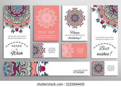 Vector set of greeting Cards or wedding Invitations. Postcards template with inscription Make a Wish, Best Wishes, Happy Birthday. Banner and business cards with mandala ornament