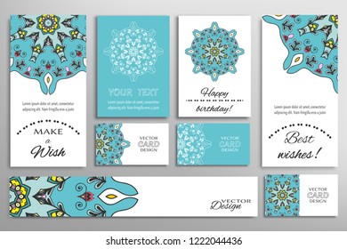 Vector set of greeting Cards or wedding Invitations. Postcards template with inscription Make a Wish, Best Wishes, Happy Birthday. Banner and business cards with mandala ornament
