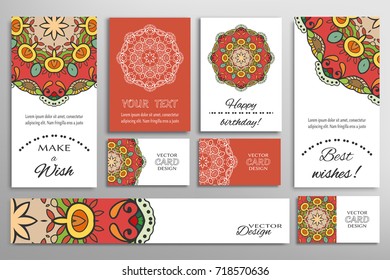 Vector set of greeting Cards or wedding Invitations. Postcards template with inscription Make a Wish, Best Wishes, Happy Birthday. Banner and business cards with mandala ornament