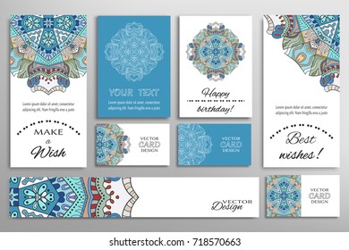 Vector set of greeting Cards or wedding Invitations. Postcards template with inscription Make a Wish, Best Wishes, Happy Birthday. Banner and business cards with mandala ornament