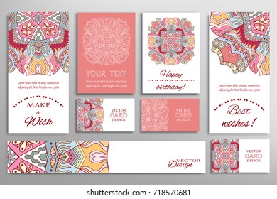 Vector set of greeting Cards or wedding Invitations. Postcards template with inscription Make a Wish, Best Wishes, Happy Birthday. Banner and business cards with mandala ornament