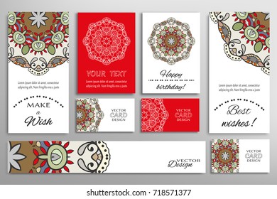 Vector set of greeting Cards or wedding Invitations. Postcards template with inscription Make a Wish, Best Wishes, Happy Birthday. Banner and business cards with mandala ornament
