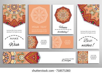 Vector set of greeting Cards or wedding Invitations. Postcards template with inscription Make a Wish, Best Wishes, Happy Birthday. Banner and business cards with mandala ornament