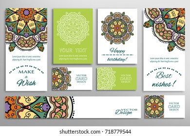 Vector set of greeting Cards or wedding Invitations. Postcards template with inscription Make a Wish, Best Wishes, Happy Birthday. Banner and business cards with mandala ornament