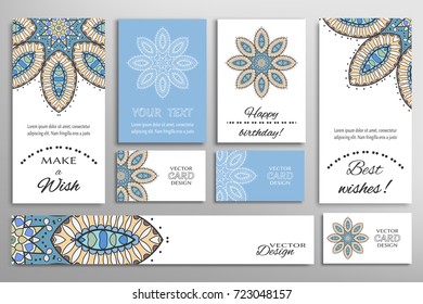 Vector set of greeting Cards or wedding Invitations. Postcards template with inscription Make a Wish, Best Wishes, Happy Birthday. Banner and business cards with mandala ornament